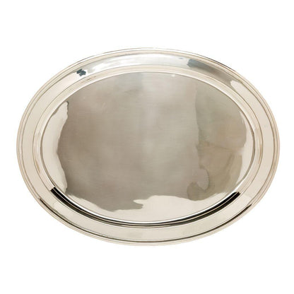 Vintage silverplate oval platter, polished, with a simple raised rim design.