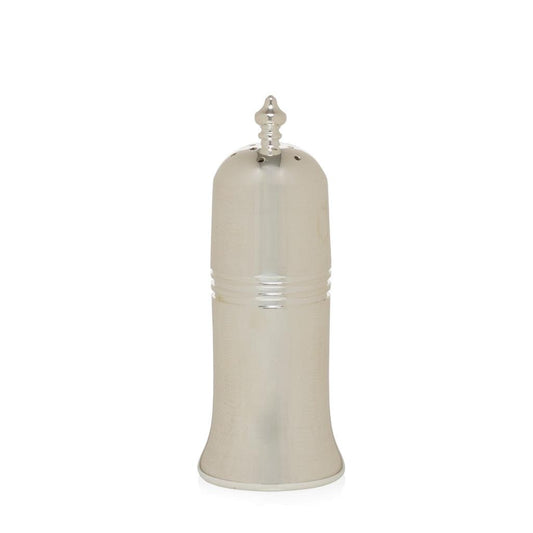 Vintage silverplate sugar shaker, tall and slender with a decorative finial and ribbed details.