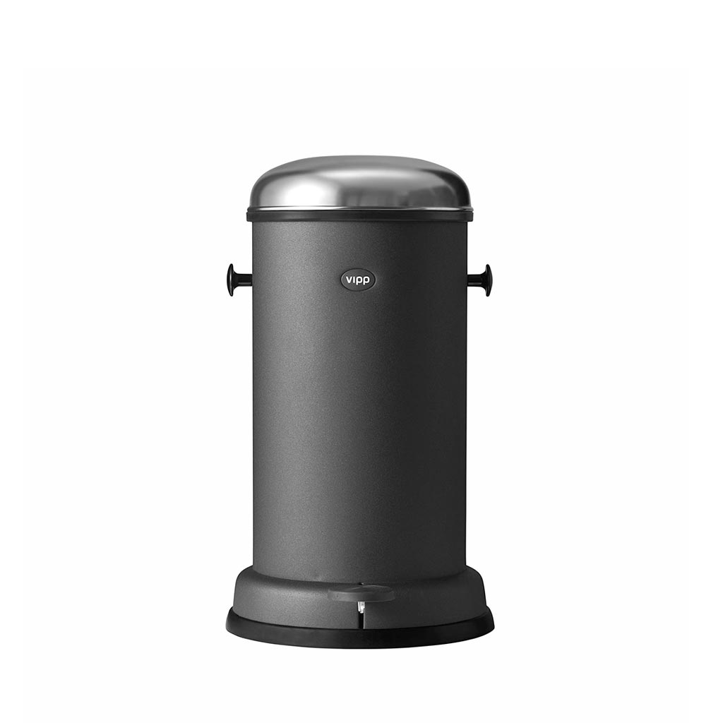 Vipp Black Stainless Steel 4-Gallon Pedal Bin with a brushed metal lid and black rubber base.