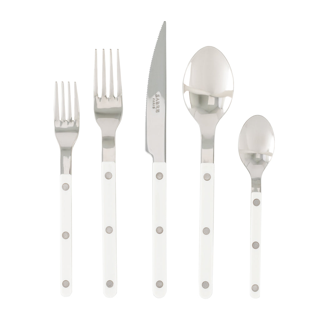 White Bistro 5-piece flatware set with stainless steel and acrylic handles, made in France.