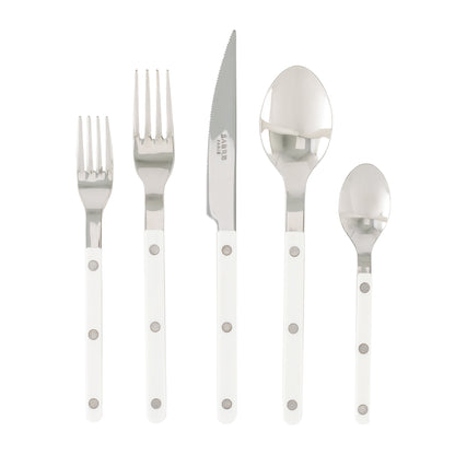 White Bistro 5-piece flatware set with stainless steel and acrylic handles, made in France.