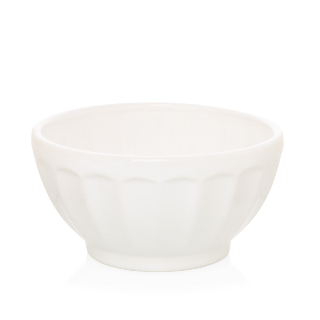 White ceramic latte bowl, 5.5" diameter, with fluted sides, handmade in Italy.
