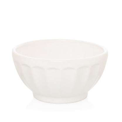 White ceramic latte bowl, 5.5" diameter, with fluted sides, handmade in Italy.