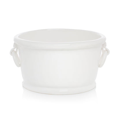 White ceramic oval ice bucket with ring handles, 18.5"L x 9.25"H x 9"D.