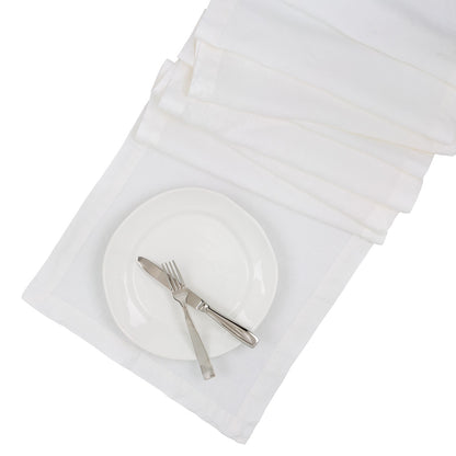 White HG Hand-dyed Linen Table Runner, 18" x 108", with plate and silverware.