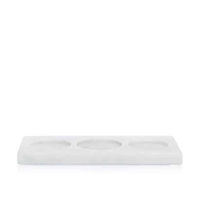 White marble triple soap and lotion tray with three circular indentations.