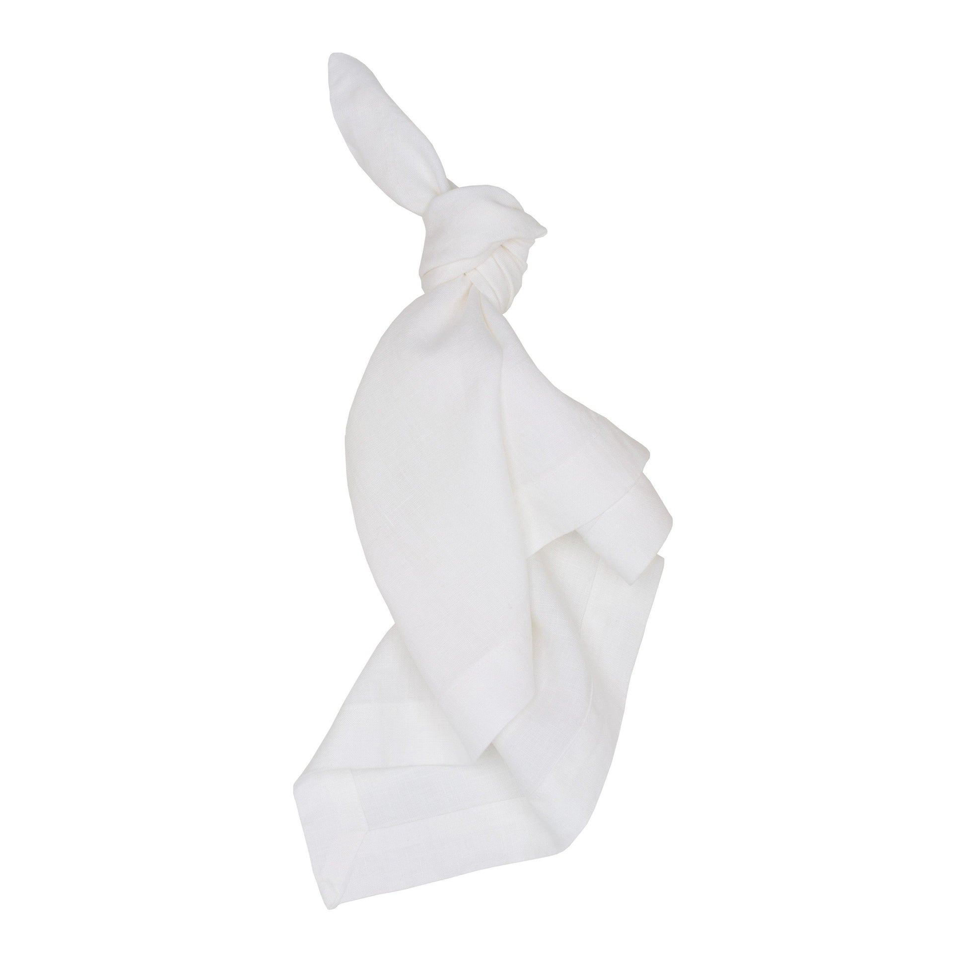 White HG Signature hand-dyed 22" square linen napkin, tied in a knot.