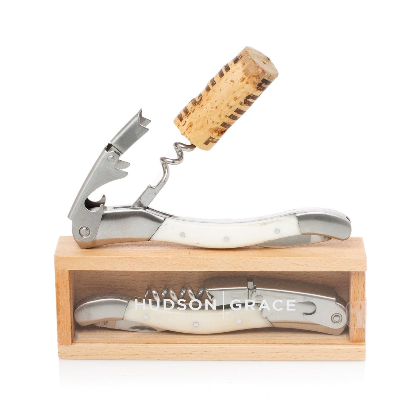 Hudson Grace white corkscrew, brushed stainless steel and bone-colored resin, with a cork, in a wooden gift box.