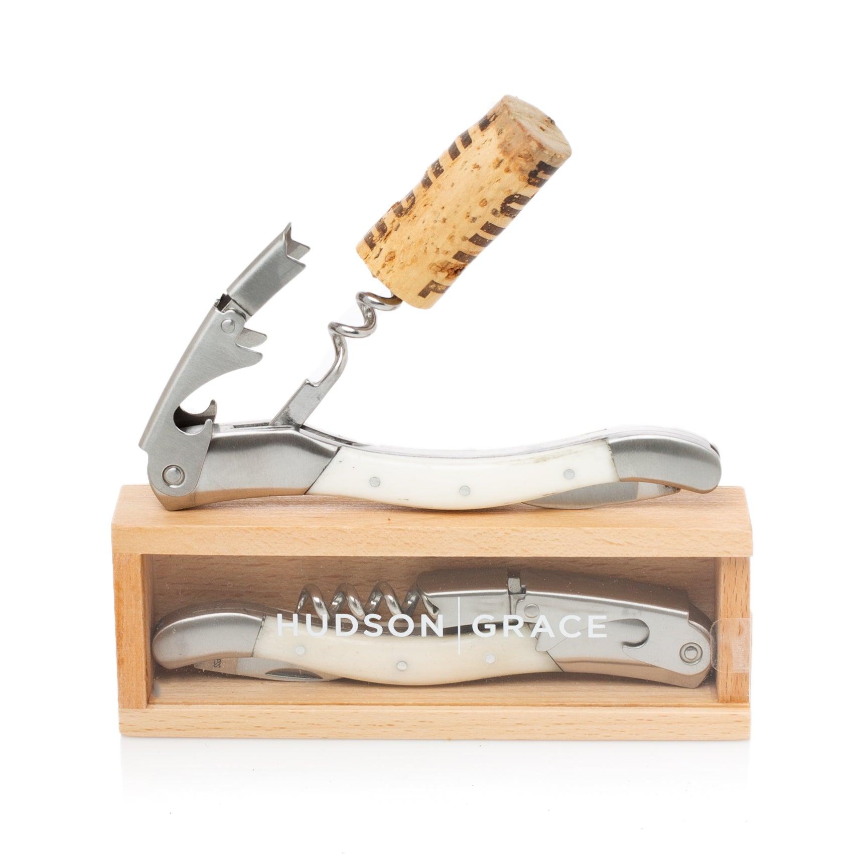 Hudson Grace white corkscrew, brushed stainless steel and bone-colored resin, with a cork, in a wooden gift box.