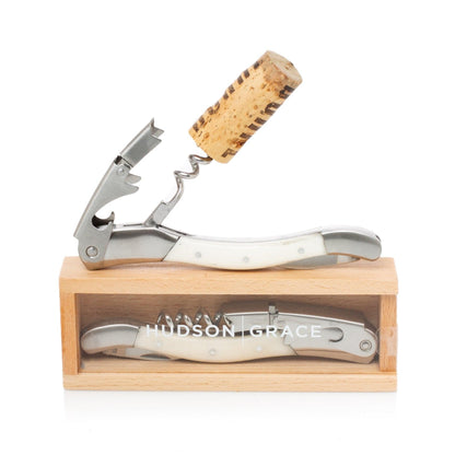 Hudson Grace white corkscrew, brushed stainless steel and bone-colored resin, with a cork, in a wooden gift box.