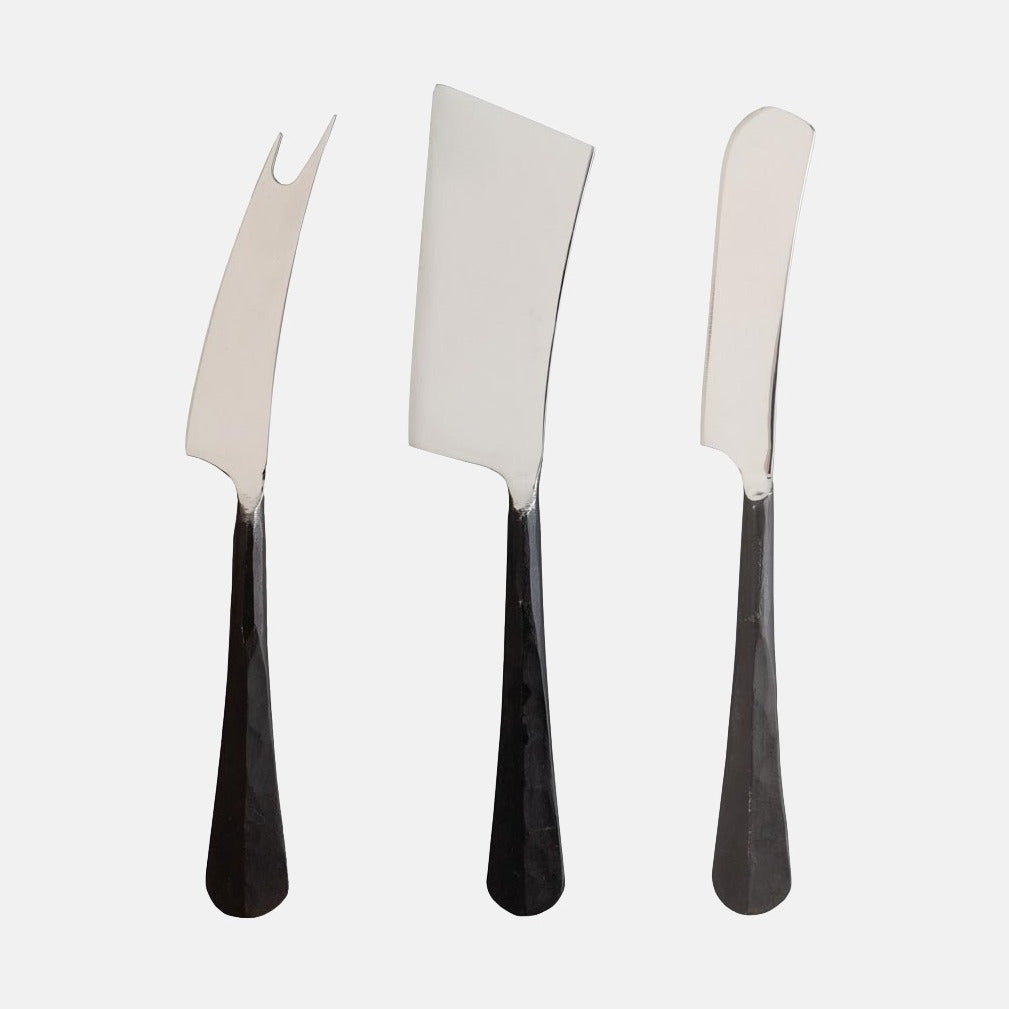 Woodbury Forged Stainless 3-Piece Cheese Knife Set with dark, rustic handles.