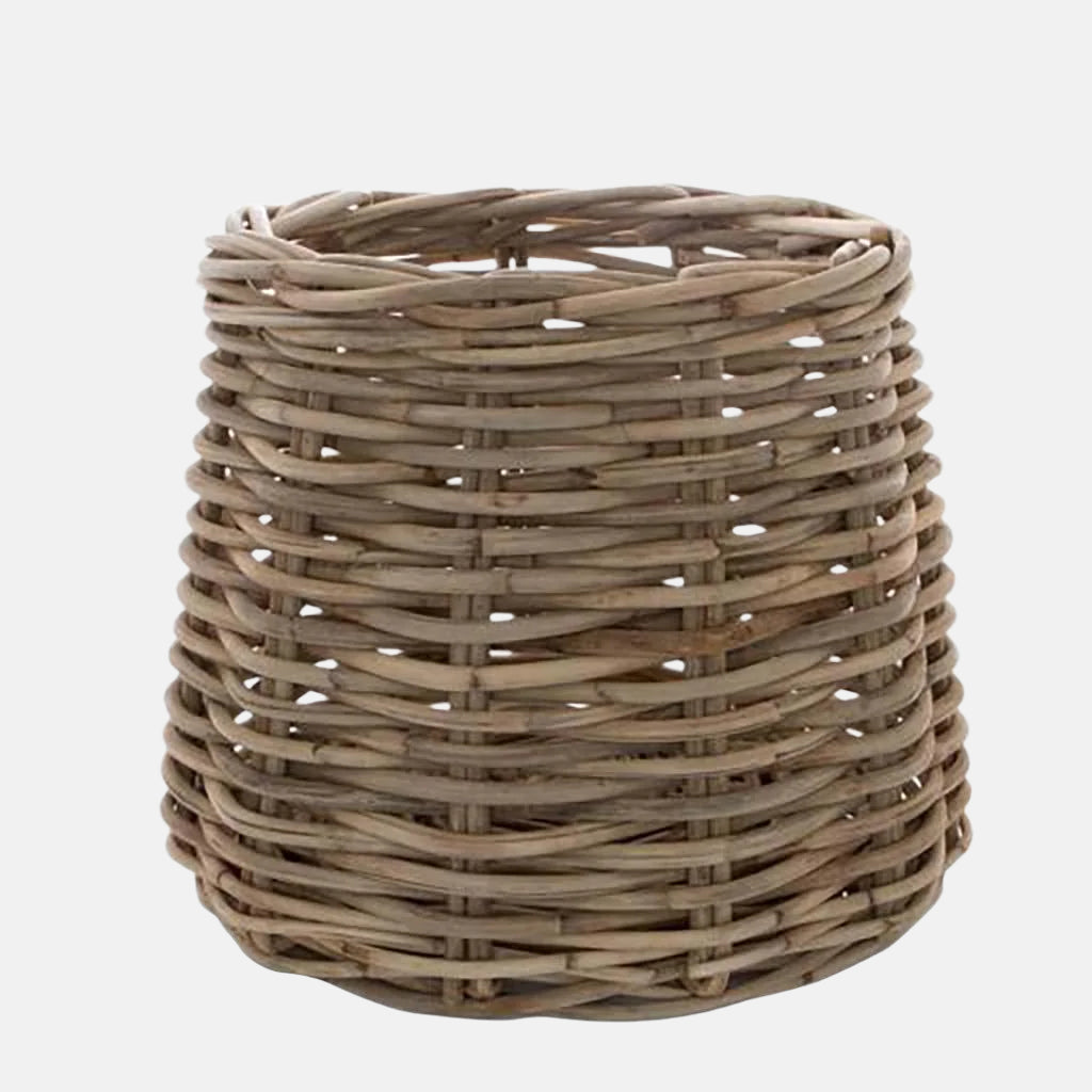 Medium conic woven basket made of natural sandblasted rattan.