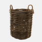 Medium round woven wood rattan basket with two twisted handles.