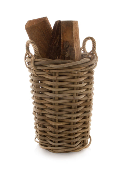 Woven wood small round rattan basket with two pieces of firewood, natural sandblasted finish.