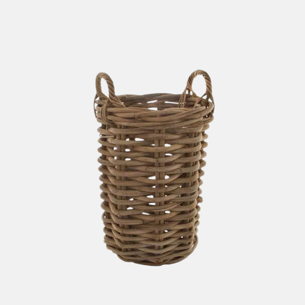 Small round woven wood basket made of natural sandblasted rattan with two loop handles.