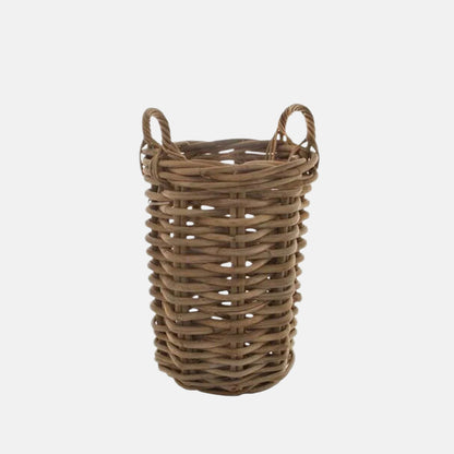 Small round woven wood basket made of natural sandblasted rattan with two loop handles.