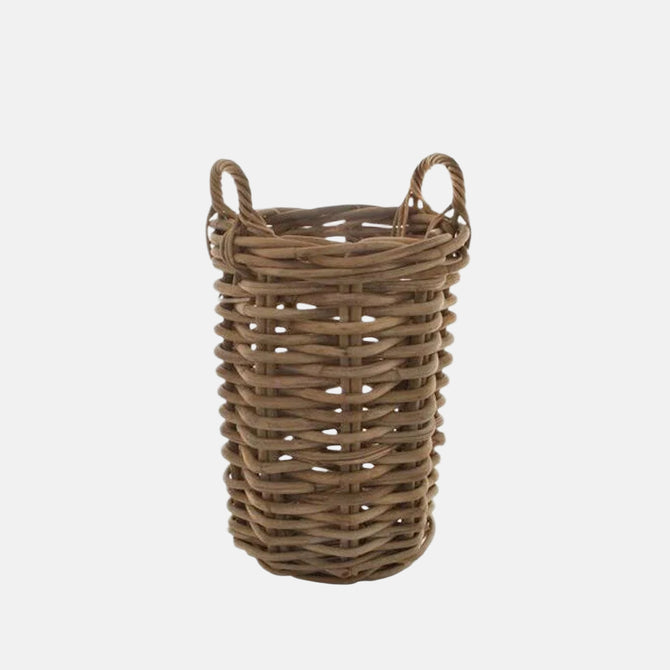 Small round woven wood basket made of natural sandblasted rattan with two loop handles.
